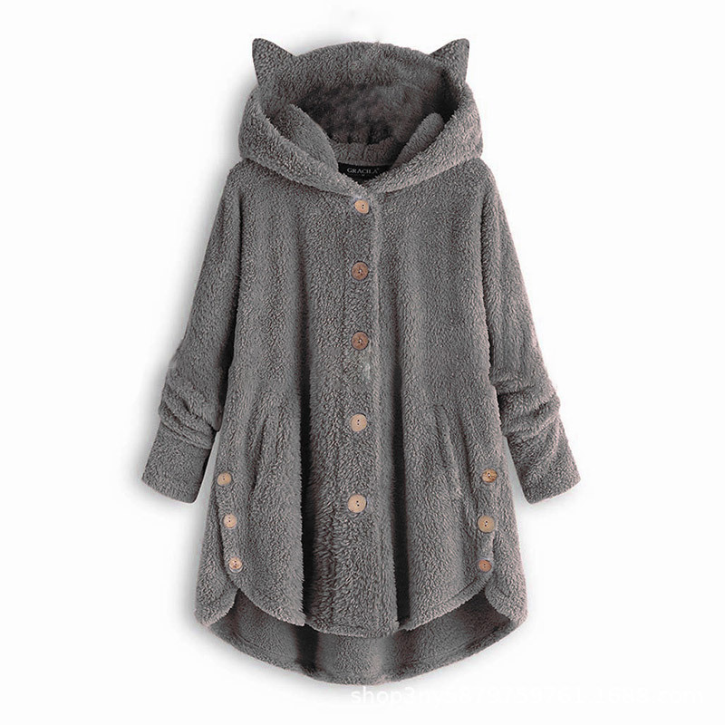 Kitty Ear Button Irregular Hooded Sweatshirt - Dark Gray - 5XL - image 8