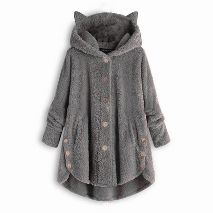 Kitty Ear Button Irregular Hooded Sweatshirt - Dark Gray - 5XL - image 8