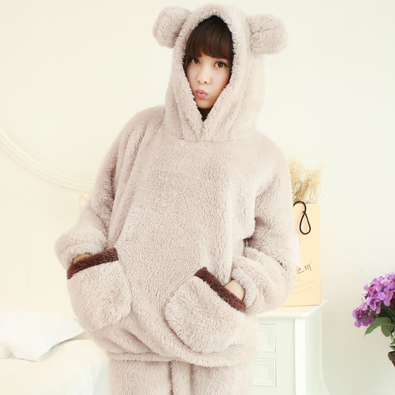Women Bear Plush Hooded Pajama Set - Apricot - 2XL - image 6