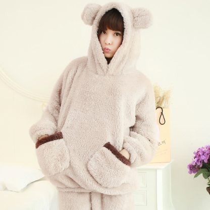 Women Bear Plush Hooded Pajama Set - Apricot - 2XL - image 6