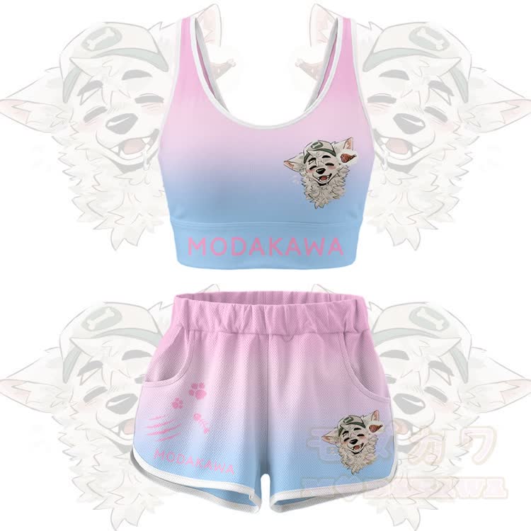MODAKAWA X atka Fox Wants Meat Graphic Crop Tank Sport Top Shorts Bikini Matching Outfit - Pink Set - 5XL - image 12