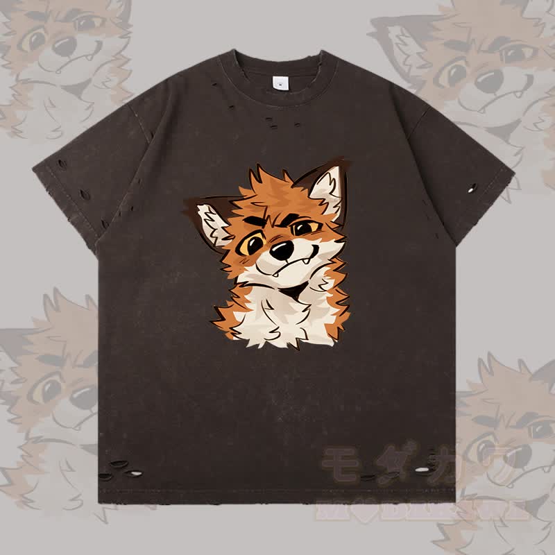 MODAKAWA X atka Funny Fox Graphic Ripped T-shirt - Dark Brown - 2XL - image 3
