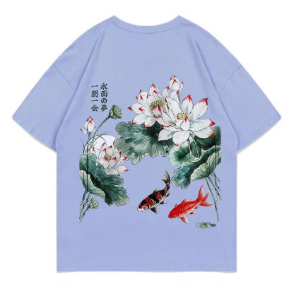 MODAKAWA Flower Fish Print Loose Summer Short Sleeve T-Shirt - Sky Blue - 5XL - image 12