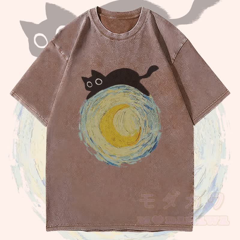 MODAKAWA Black Cat Lying On The Moon Graphic Unisex Vintage Washed T-Shirt - Brown - 4XL - image 3