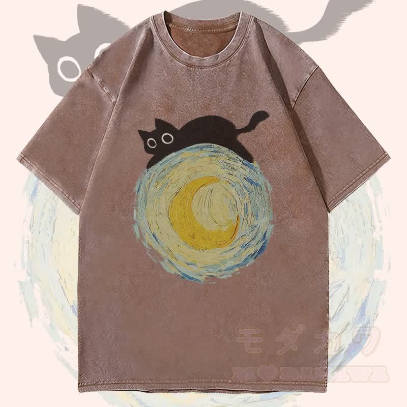 MODAKAWA Black Cat Lying On The Moon Graphic Unisex Vintage Washed T-Shirt - Brown - 4XL - image 3