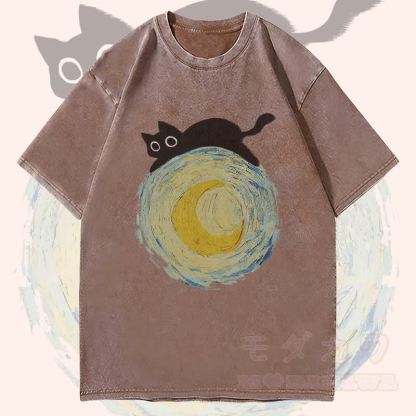 MODAKAWA Black Cat Lying On The Moon Graphic Unisex Vintage Washed T-Shirt - Brown - 4XL - image 3