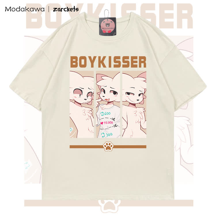 MODAKAWA X zarckets BOYKISSER Anime Cat Character Graphic 100% Cotton T-shirt - Light Beige - 5XL - image 3