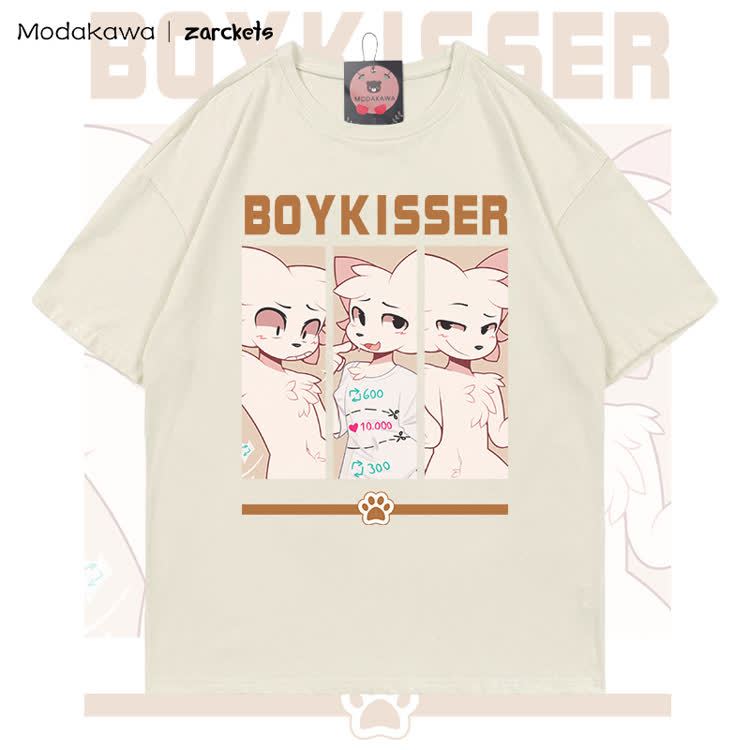 MODAKAWA X zarckets BOYKISSER Anime Cat Character Graphic 100% Cotton T-shirt - Light Beige - 5XL - image 3