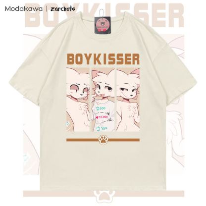 MODAKAWA X zarckets BOYKISSER Anime Cat Character Graphic 100% Cotton T-shirt - Light Beige - 5XL - image 3