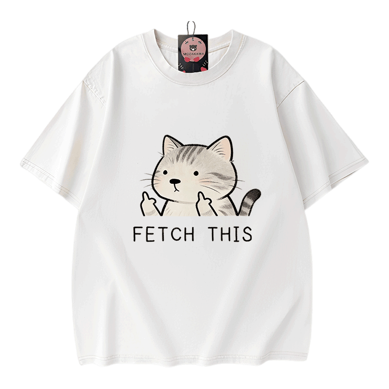 FETCH THIS Cat Graphic Modakawa Vintage Washed 100% Cotton T-shirt - White - 5XL - image 3