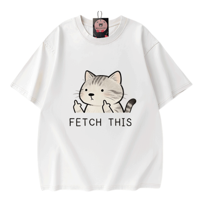 FETCH THIS Cat Graphic Modakawa Vintage Washed 100% Cotton T-shirt - White - 5XL - image 3