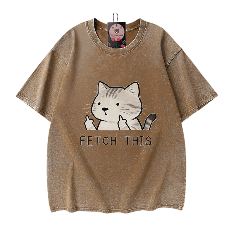 FETCH THIS Cat Graphic Modakawa Vintage Washed 100% Cotton T-shirt - Brown - 5XL - image 7