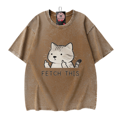 FETCH THIS Cat Graphic Modakawa Vintage Washed 100% Cotton T-shirt - Brown - 5XL - image 7