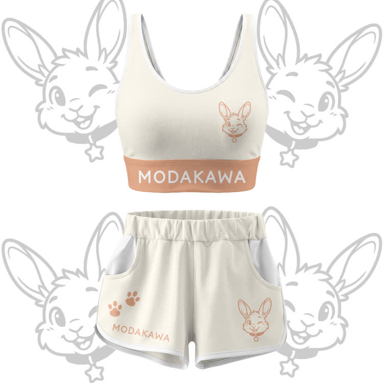 Wink Bunny Graphic Crop Tank Sport Top Shorts Bikini Modakawa Matching Outfit - Beige Set - 5XL - image 12