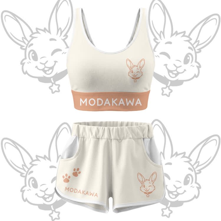 Wink Bunny Graphic Crop Tank Sport Top Shorts Bikini Modakawa Matching Outfit - Beige Set - 5XL - image 12