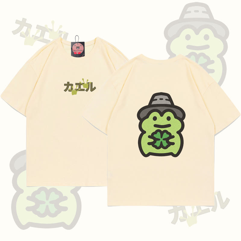 Four-Leaf Clover Frog Graphic T-shirt - Apricot - 5XL - image 3