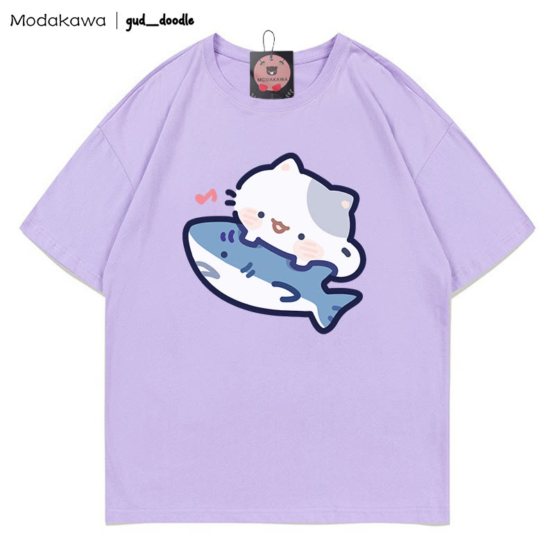MODAKAWA X gud_doodle Kitty Shark Print T-shirt - Purple - 5XL - image 6