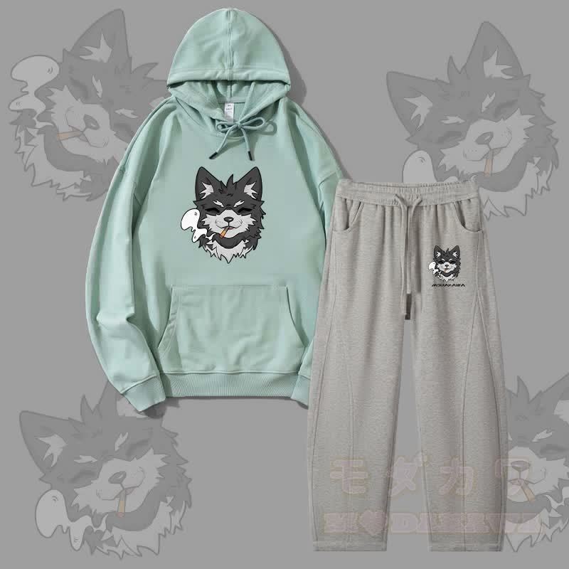 MODAKAWA Koda Smoking Puppy Graphic Hoodie Men Drawstring Pants Two Pieces Set - Green&Heather Grey - 4XL - image 3