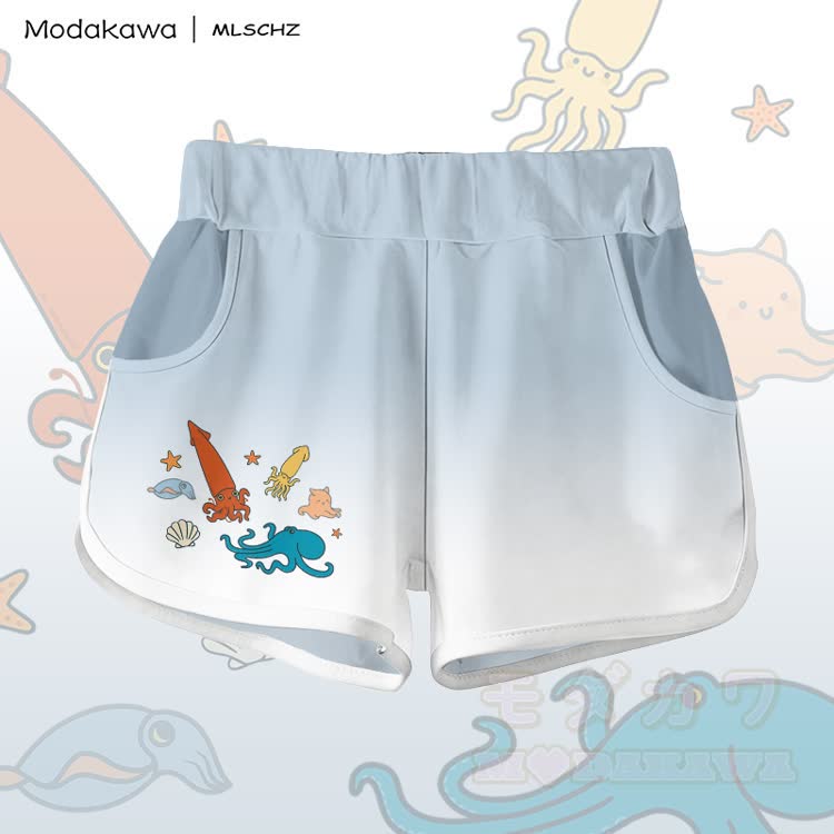 MODAKAWA X MLSCHZ Squid Octopus Graphic 100% Cotton T-shirt Gradient Shorts Matching Outfit - Light Grey Blue Shorts - 5XL - image 8