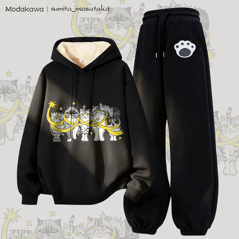 MODAKAWA X sumita_masataka Cats Wrapped In Stars Graphic Thick Fleece Lined Hoodie Pants Two Pieces Set - Black - 5XL - image 5