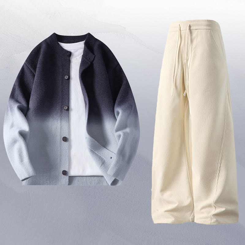 Gradient Knit Cardigan Sweater Corduroy Pants Two Pieces - Set C - 4XL - image 3
