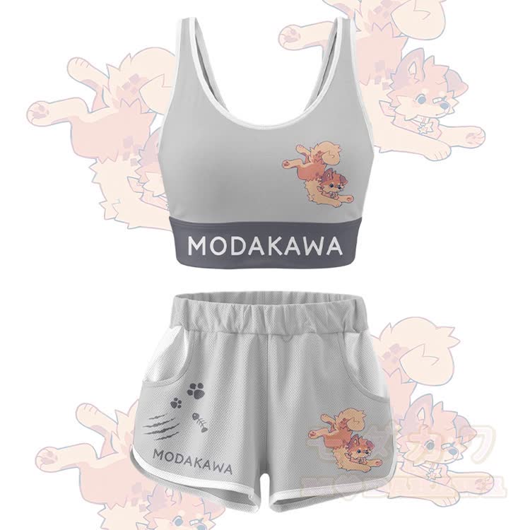 MODAKAWA X popipeko Cute Puppy Graphic Crop Tank Sport Top Shorts Bikini Matching Outfit - Grey Set - 5XL - image 16