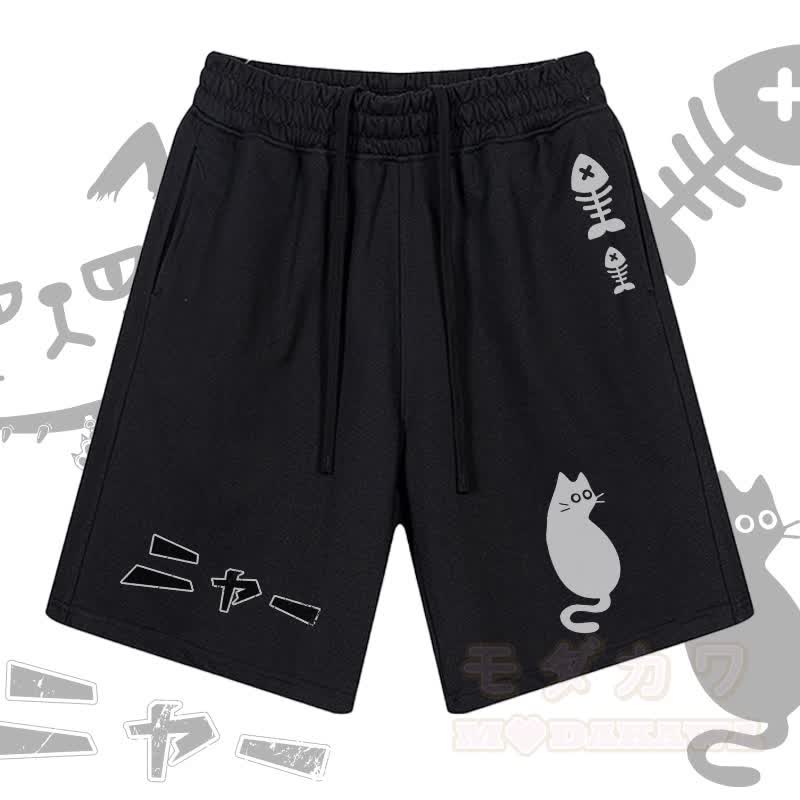 MODAKAWA Cat and Fishbone Graphic Drawstring Shorts - Black - 2XL - image 3