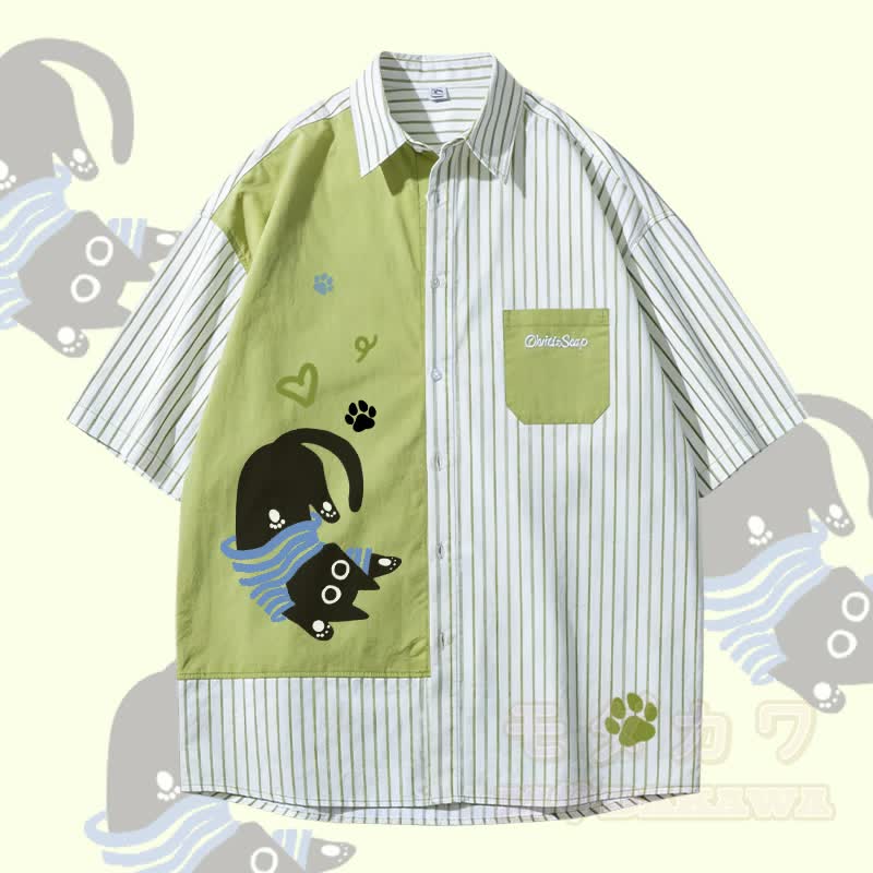 Playful Black Cat Graphic Modakawa Color Block Stripe Oversized Shirt - Green - 3XL - image 3