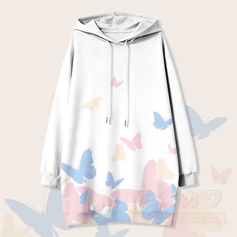 Butterfly Graphic Modakawa Hooded Sweatshirt Dress With Side Pockets - White - 4XL - image 3