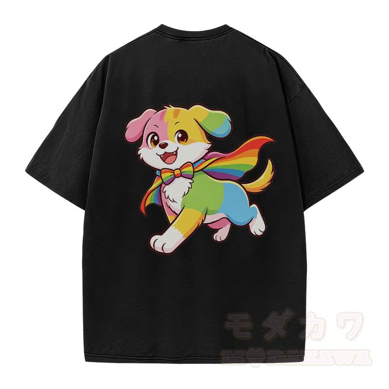 Rainbow Puppy Graphic Modakawa Vintage Washed 100% Cotton T-shirt - image 3