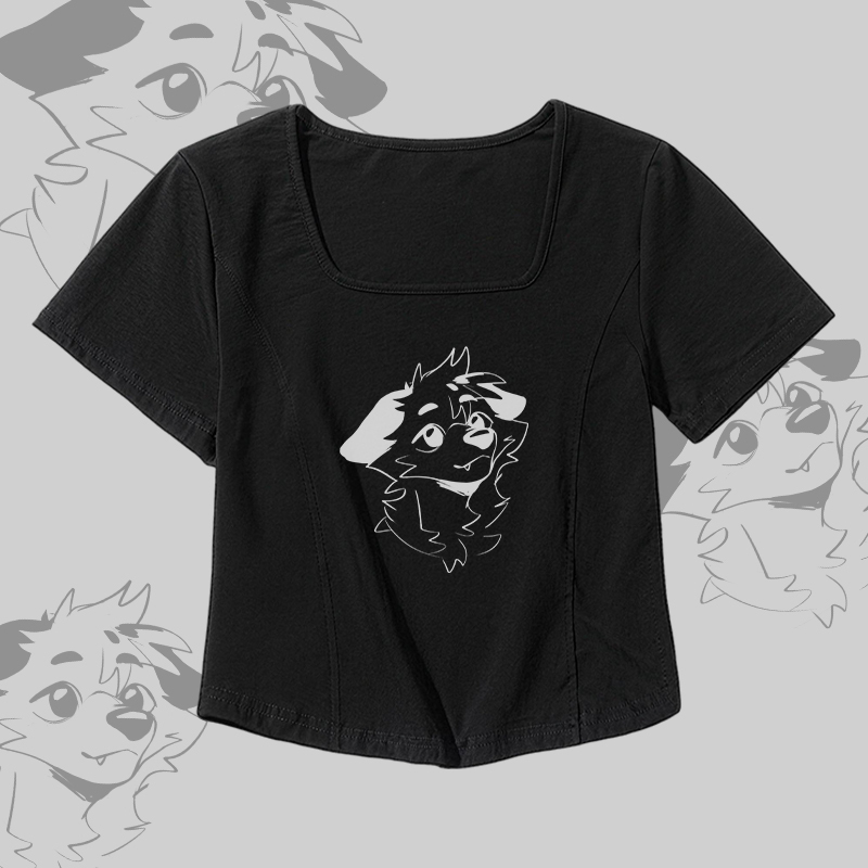 MODAKAWA X atka Fox Square Neck T-shirt Belt Pleated Skirt Matching Outfit - Black T-shirt - 2XL - image 3