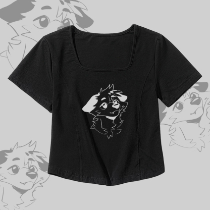 MODAKAWA X atka Fox Square Neck T-shirt Belt Pleated Skirt Matching Outfit - Black T-shirt - 2XL - image 3