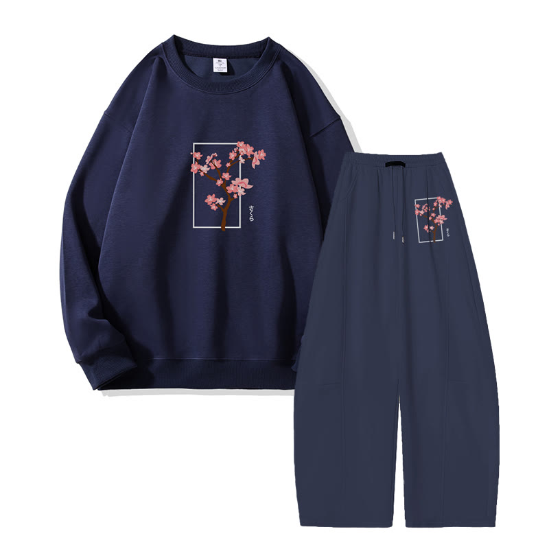 MODAKAWA Cherry Tree Graphic Sweatshirt Wide Leg Pants Two Pieces Set - Purplish Blue - 5XL - image 5
