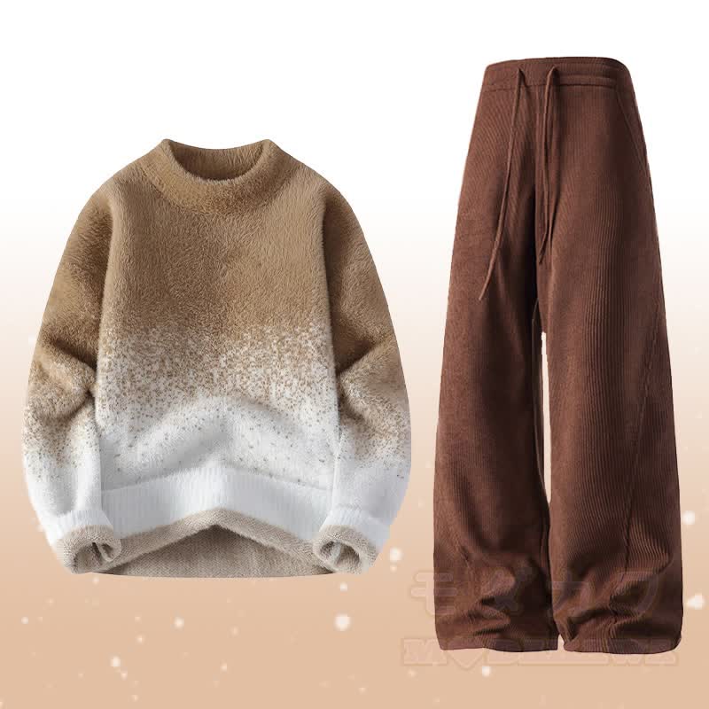 Gradient Knit Fuzzy Sweater Corduroy Pants Two Pieces - Set H - 4XL - image 8