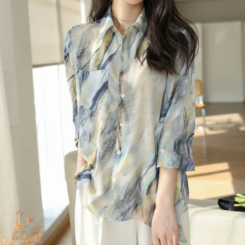Vintage Print Long Sleeve Pocket Lapel Shirt Workwear - image 7