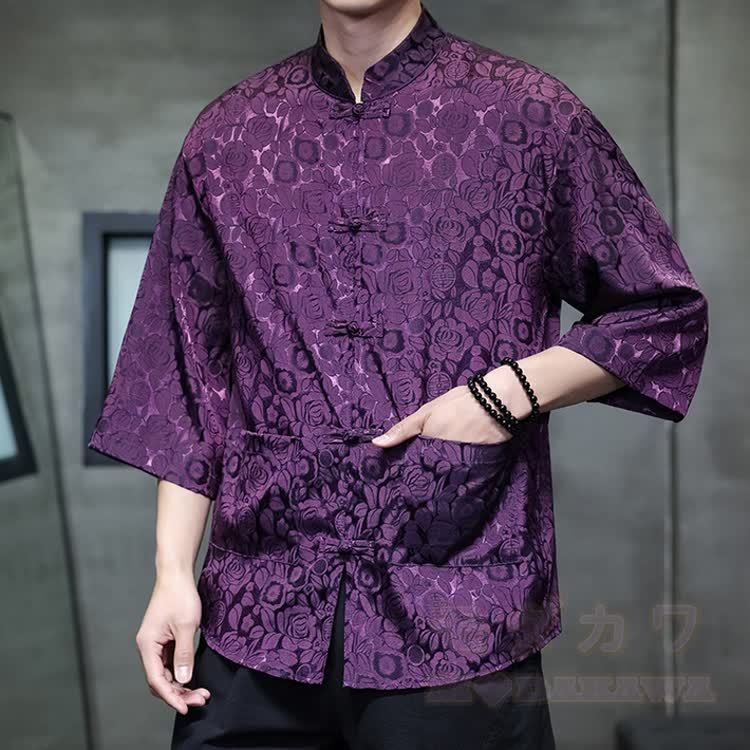 Oversized Dragon Jacquard Mandarin Collar Shirt - Rose Purple - 5XL - image 11