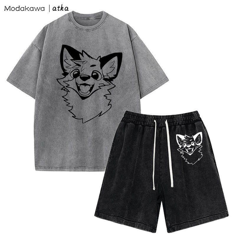 MODAKAWA X atka Fox T-shirt Vintage Washed Shorts Two Pieces Set - Grey&Black - 3XL - image 7