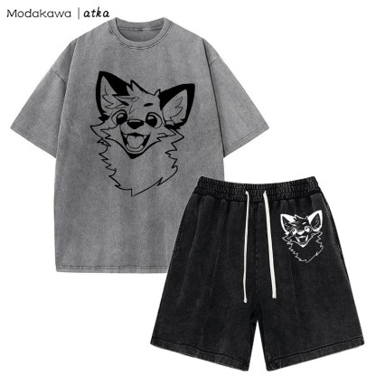 MODAKAWA X atka Fox T-shirt Vintage Washed Shorts Two Pieces Set - Grey&Black - 3XL - image 7