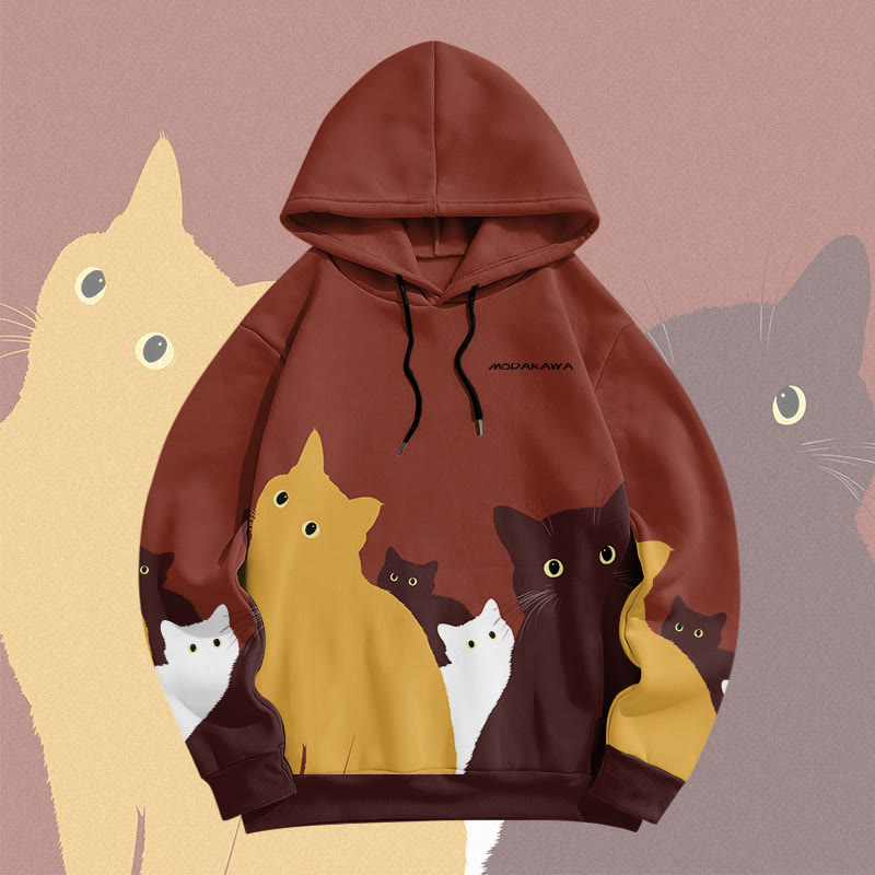 MODAKAWA Color Block Cat Crowd Graphic All Over Print Pullover Hoodie - Rust Red - 6XL - image 3