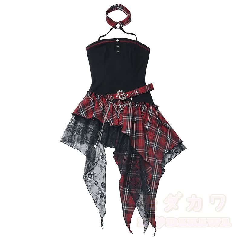 Gothic Sheer Mesh Top Plaid Dress Two Pieces Set - image 10