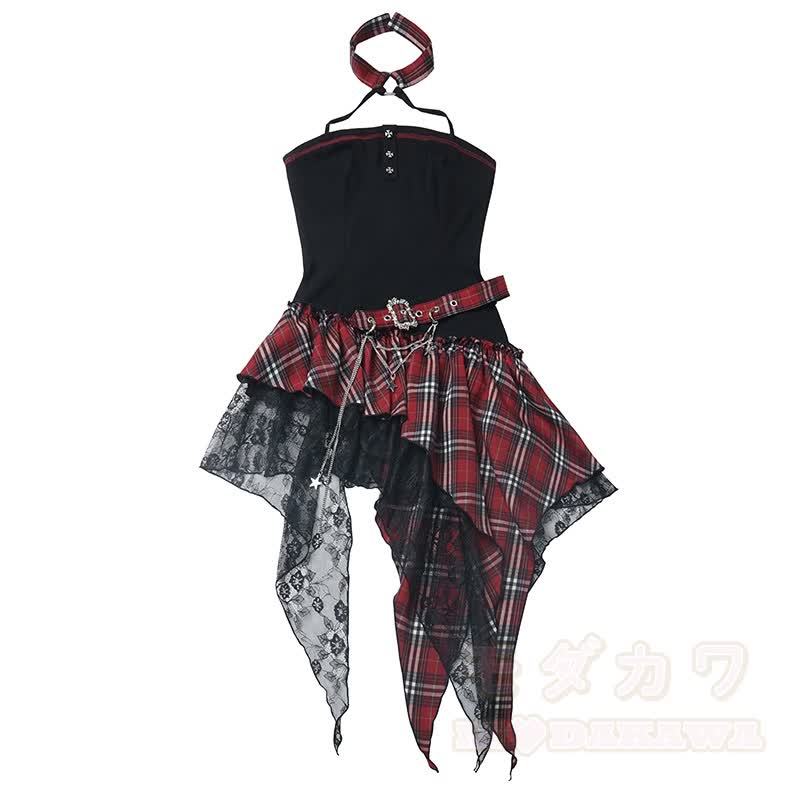 Gothic Sheer Mesh Top Plaid Dress Two Pieces Set - image 10