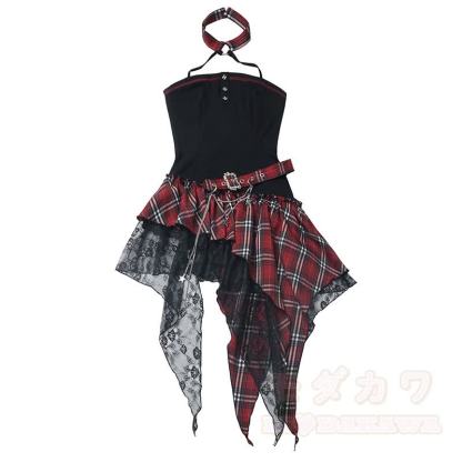 Gothic Sheer Mesh Top Plaid Dress Two Pieces Set - image 10