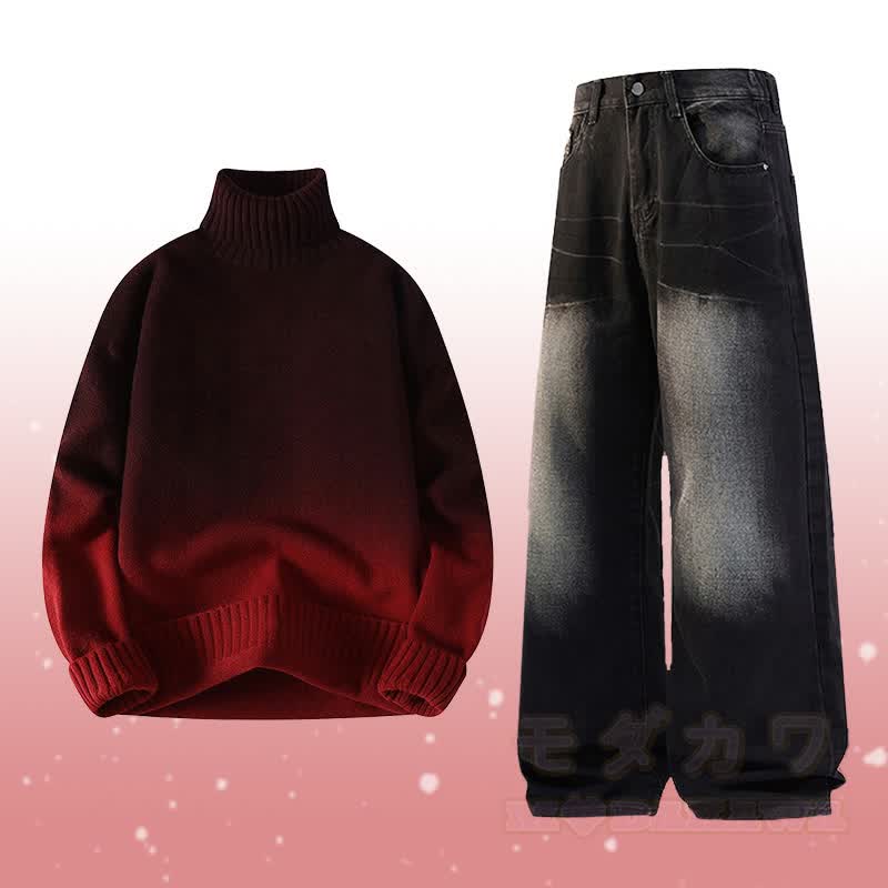Gradient Knit Turtleneck Sweater Denim Pants Two Pieces - Set F - 3XL - image 6