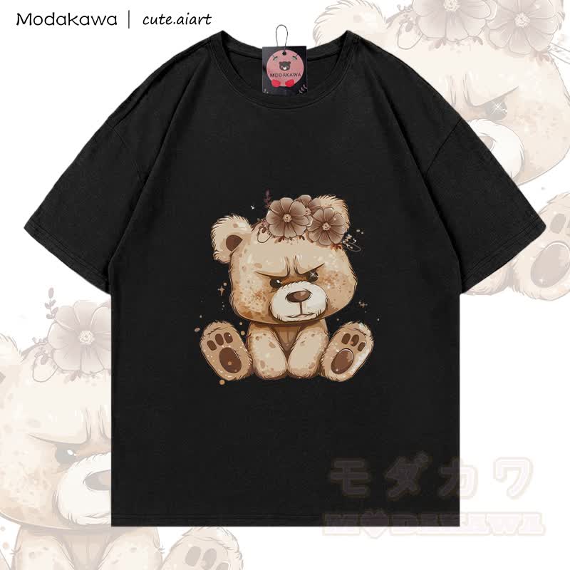 MODAKAWA X cute.aiart Floral Bear Graphic 100% Cotton T-shirt - Black - 5XL - image 3