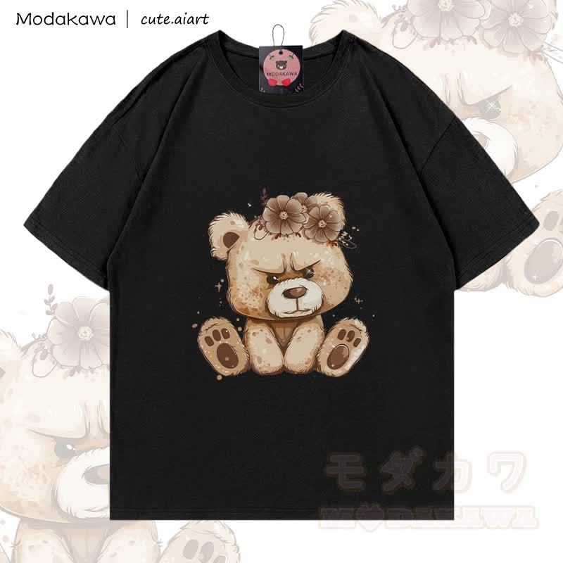 MODAKAWA X cute.aiart Floral Bear Graphic 100% Cotton T-shirt - Black - 5XL - image 3