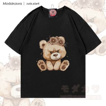 MODAKAWA X cute.aiart Floral Bear Graphic 100% Cotton T-shirt - Black - 5XL - image 3