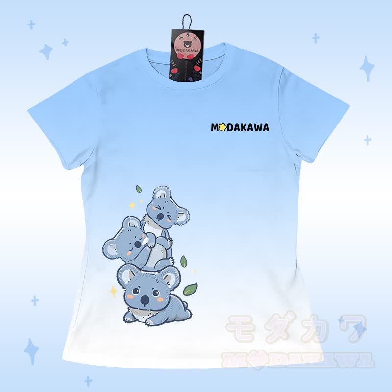 Gradient Koala Graphic T-shirt Letter Graphic Shorts Modakawa Matching Outfit - Blue T-shirt - 5XL - image 5