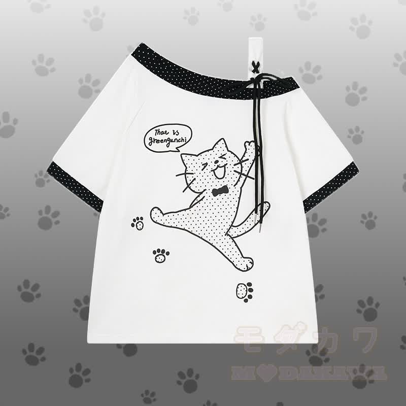 Polka Dot Cat Graphic One Shoulder T-shirt Kitty Gingham Shorts Modakawa Matching Outfit - White T-shirt - L - image 4
