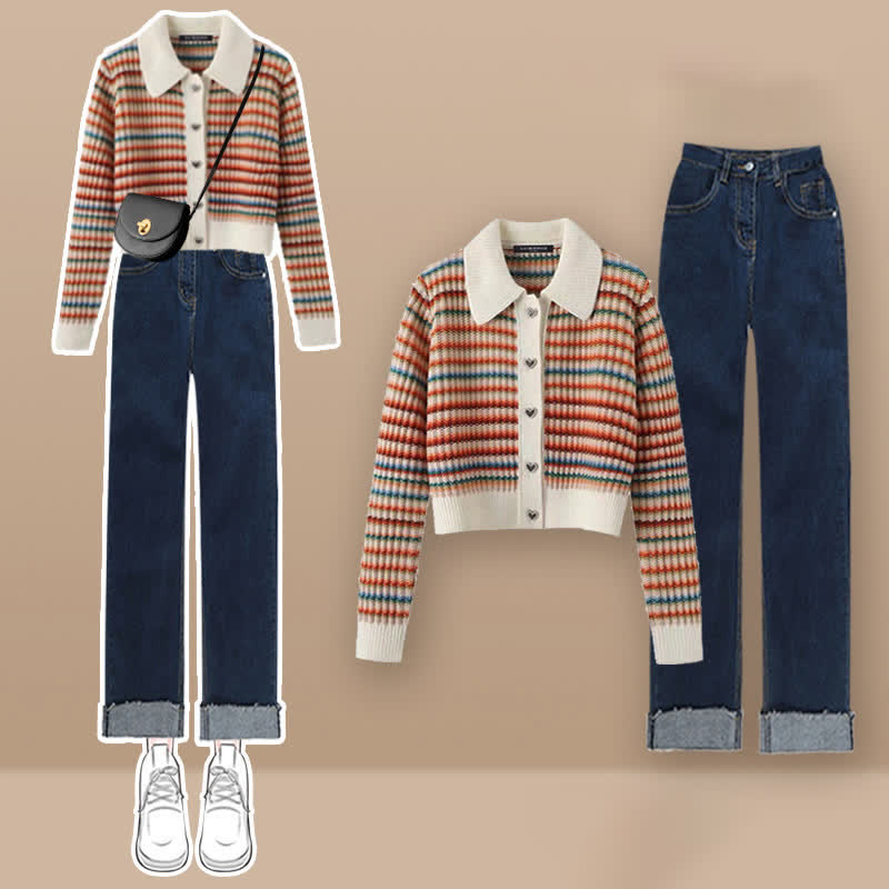Colorblock Stripe Rainbow Cardigan Sweater Casual Pants Matching Outfit - Set B - XL - image 2