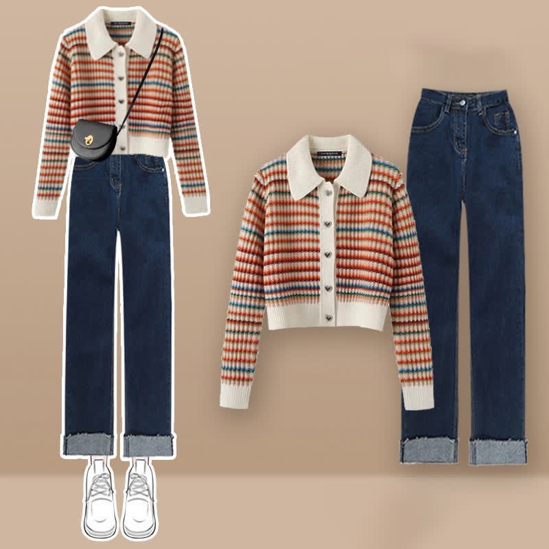 Colorblock Stripe Rainbow Cardigan Sweater Casual Pants Matching Outfit - Set B - XL - image 2